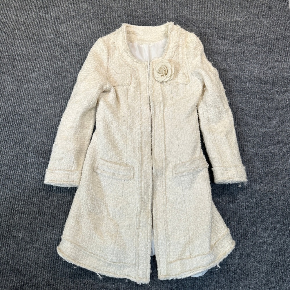 Unbranded Camellia Flower Tweed Long Coat L Cream Wool Blend Structured Jacket